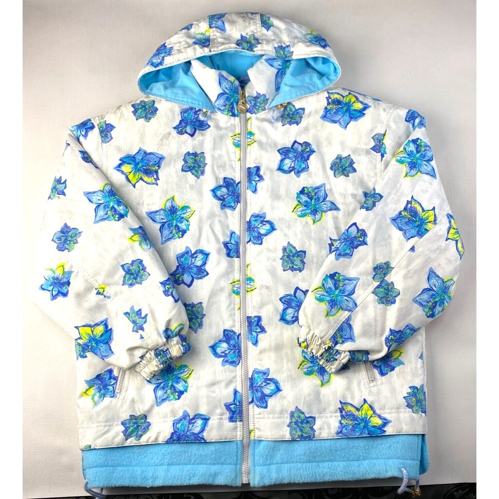MISS PHENIX Winter White BLUE FLOWERS Hooded Coat! Snow Board Ski Women's Sz L